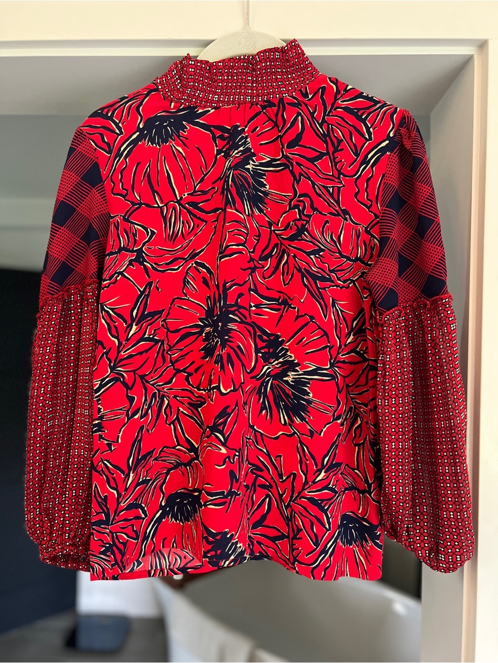 Anthropologie Bl^nk London Vivant Mix Print Red & Blue Mock Neck Peasant Blouse - Picture 5 of 7